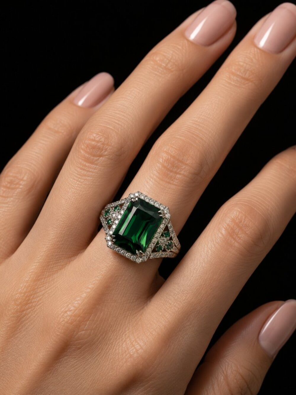 925 Sterling Silver Green Stone Halo Statement Ring Size 8